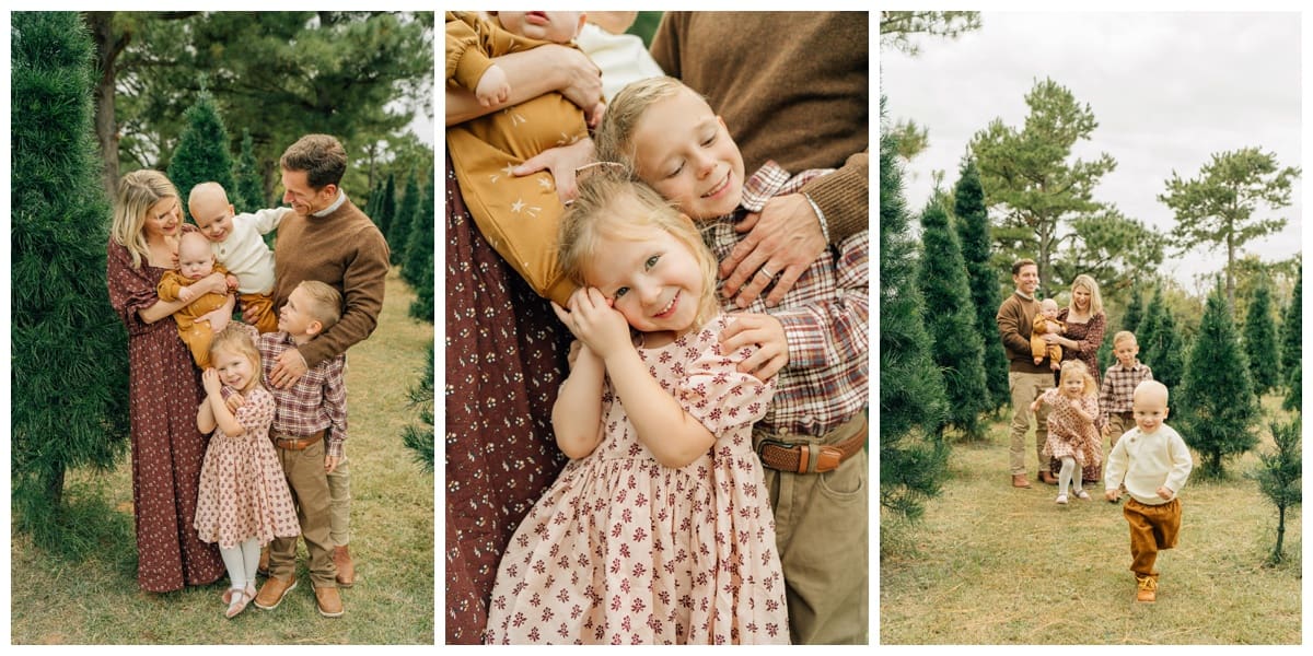 Family of 5 with two boys and a girl, coordinating outfits with earthy browns, burgundy, and mustard yellow for family Christmas photo outfits