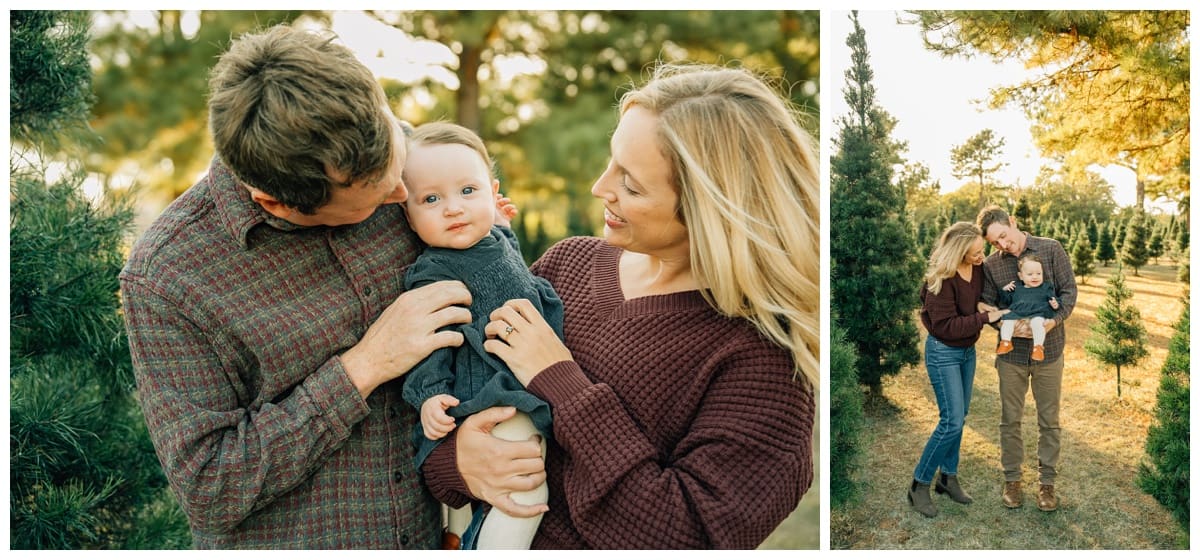 Parents with a baby girl in earthy toned clothing for family Christmas photo outfits