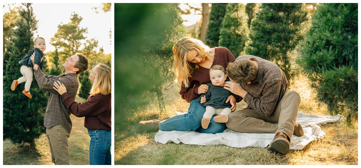 Baby girl with parents in Christmas tree farm for Christmas photos with Haley Kinzie