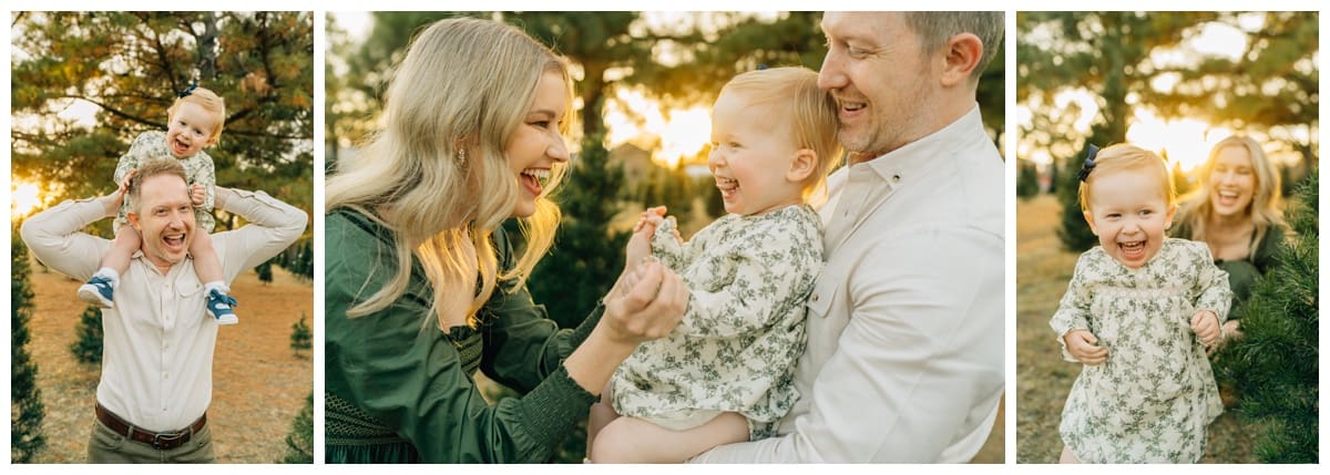 Christmas tree farm family photos with a little girl laughing and her parents.