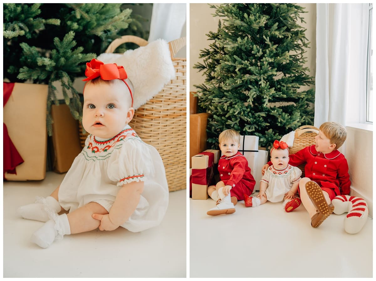 Classic red-and-white Christmas outfits with smocking and Peter Pan collars on young children for family Christmas photos wtih Haley Kinzie Photography