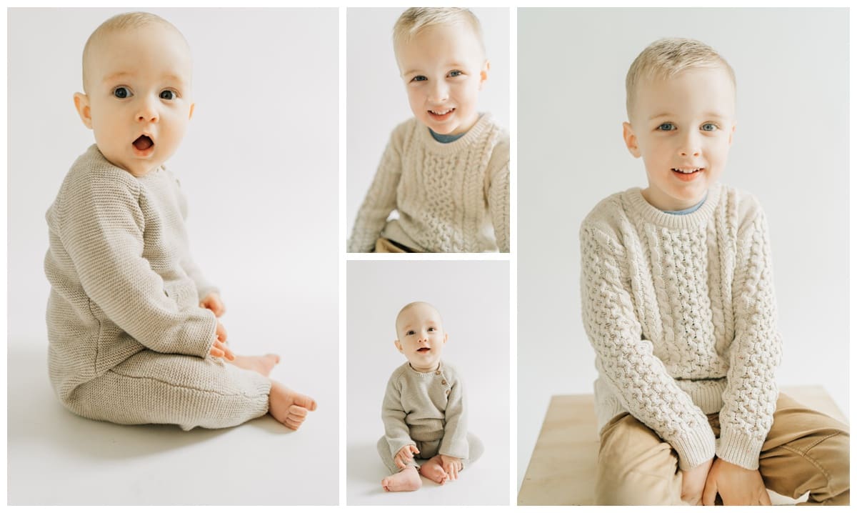 Winter studio session of brothers with knit sweaters and khaki pants. 
