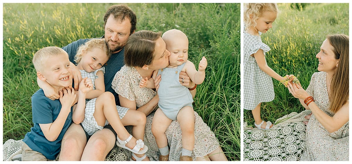 Mother and father cuddling their three children in tall grass with sweet candid moments during spring family photos.