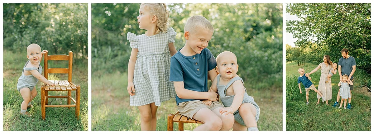 Playful spring family photos featuring toddler standing by wooden chair, siblings sitting together, and family walking hand in hand under trees.