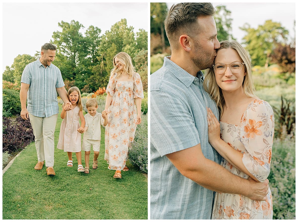 Family walking along a garden path followed by a romantic parent portrait with soft floral backdrop