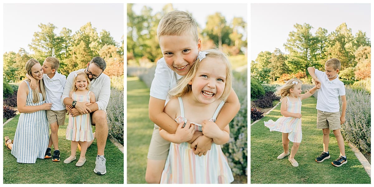 Smiling family of four surrounded by blooms and greenery during bright spring family photos in a botanical garden.